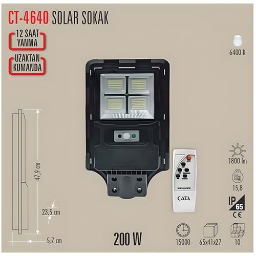 CATA CT-4640200W SOLAR SOKAK ARMATÜRÜ (KUMANDALI)